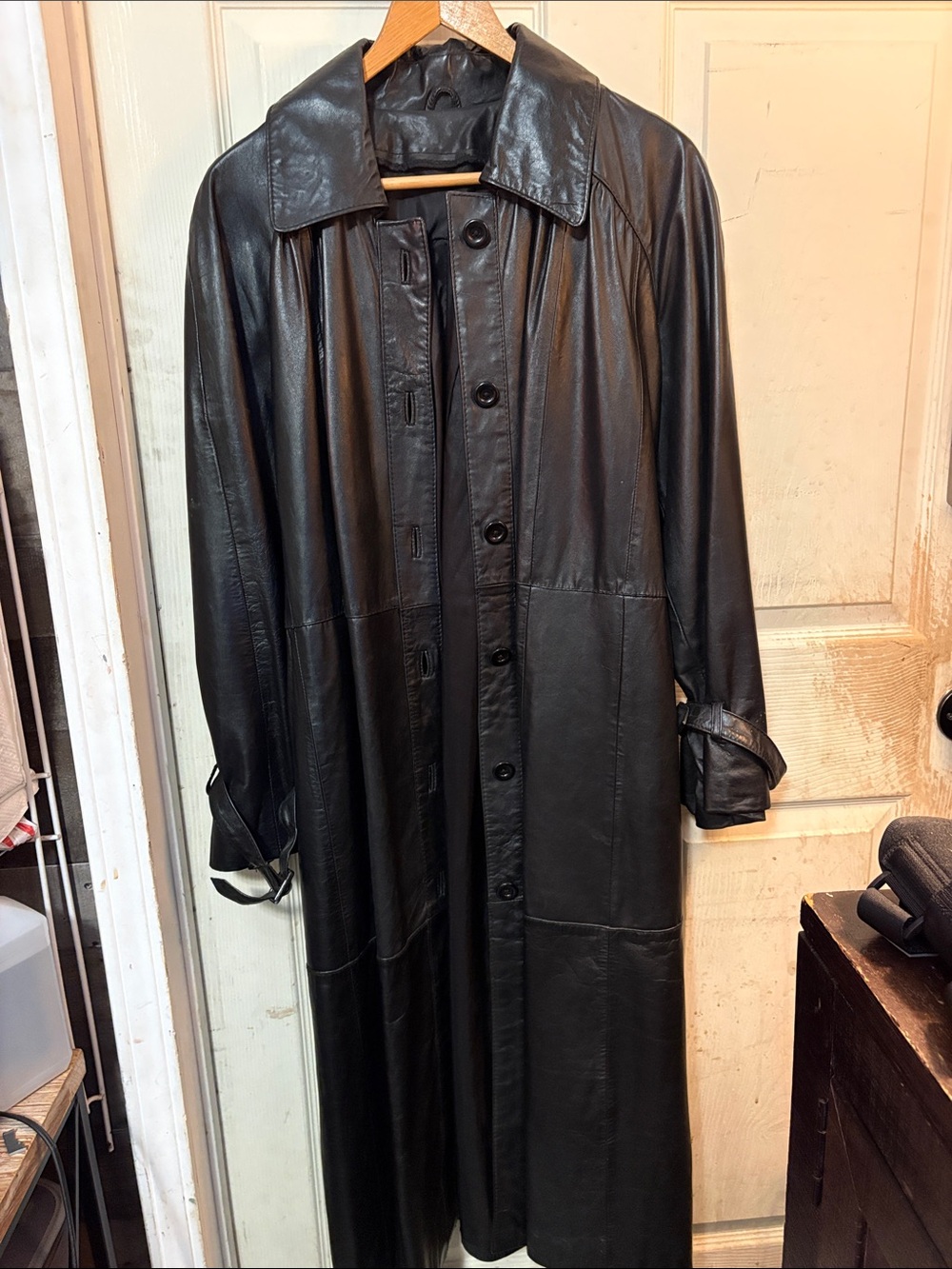 Men's Black Leather Trench Coat - Classic Long Overcoat